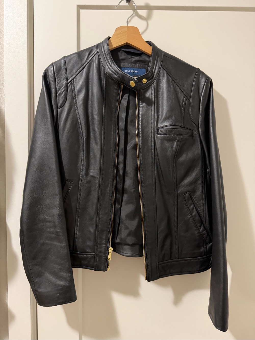 Cole Haan Black Leather Zip-Front Jacket
